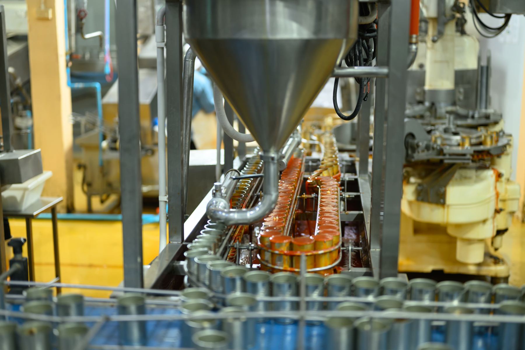 Cans being filled on a food canning line